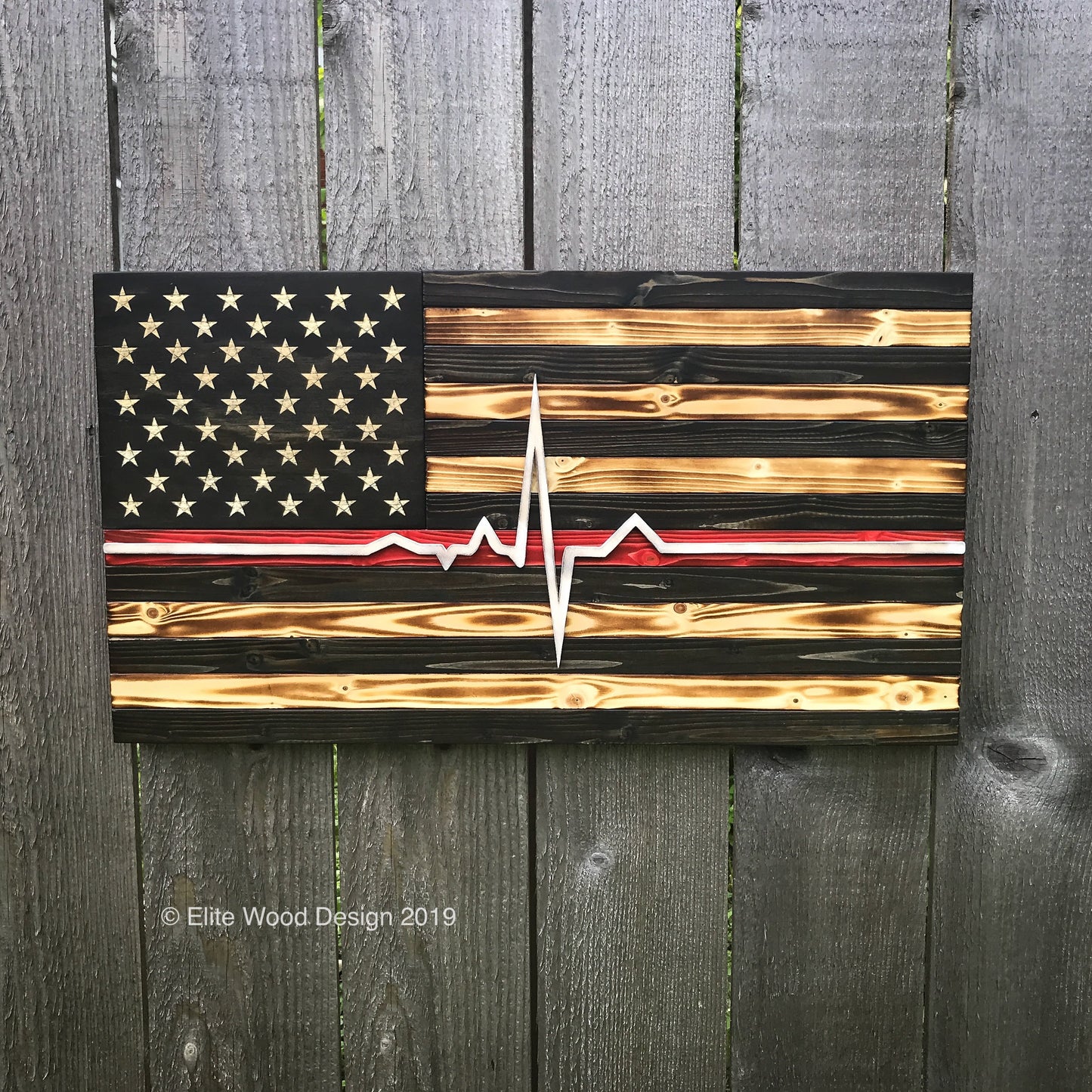 Paramedic EKG Thin Red Line Wood Flag