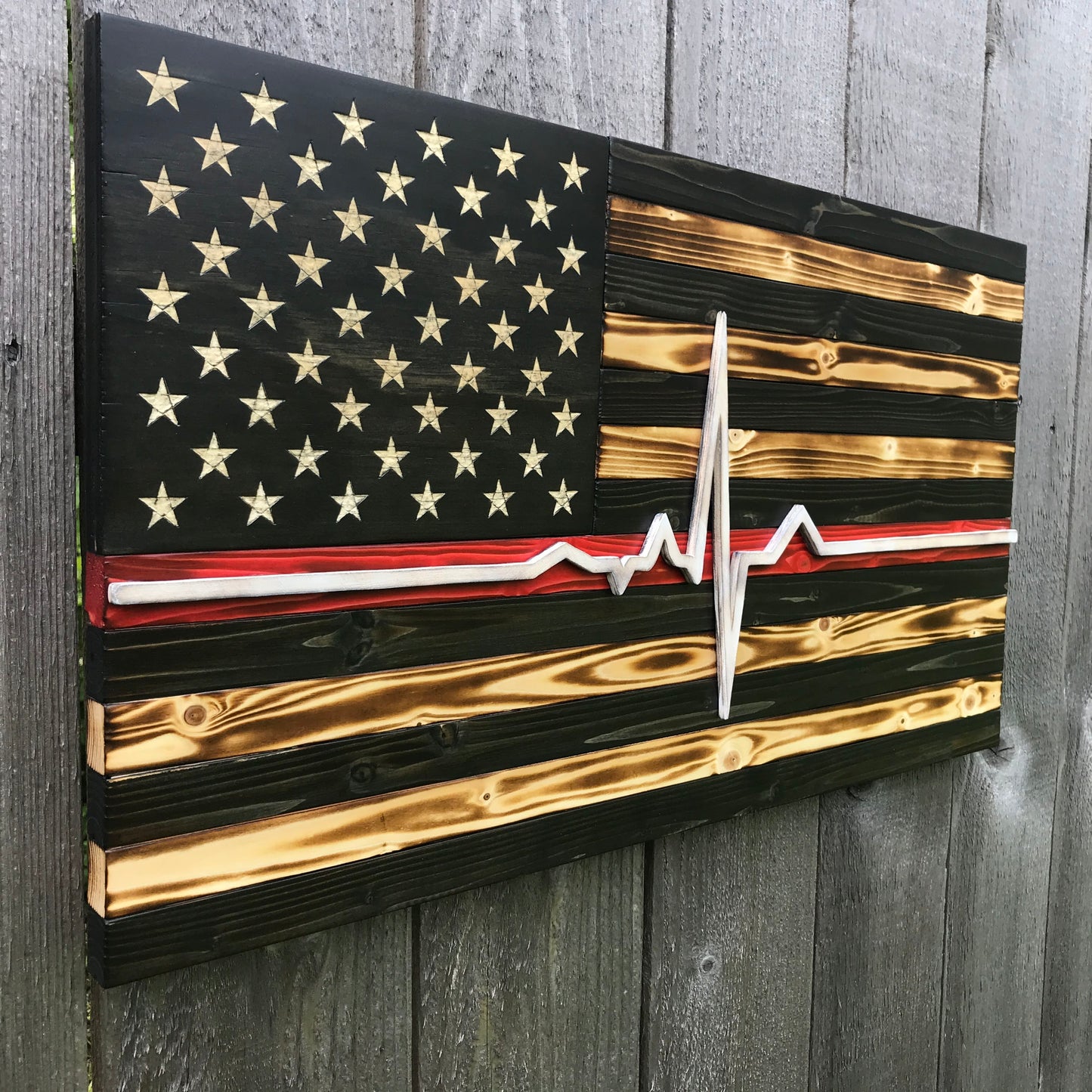 Paramedic EKG Thin Red Line Wood Flag