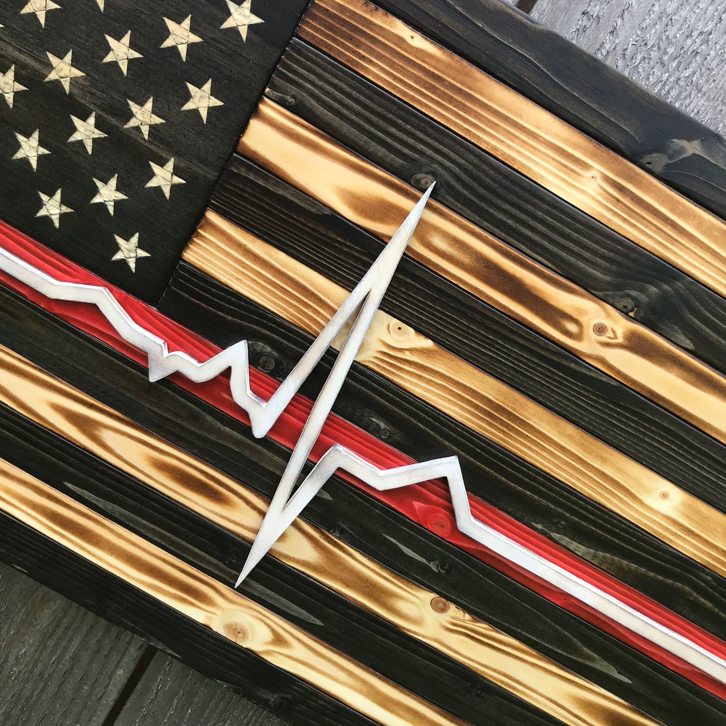 Paramedic EKG Thin Red Line Wood Flag