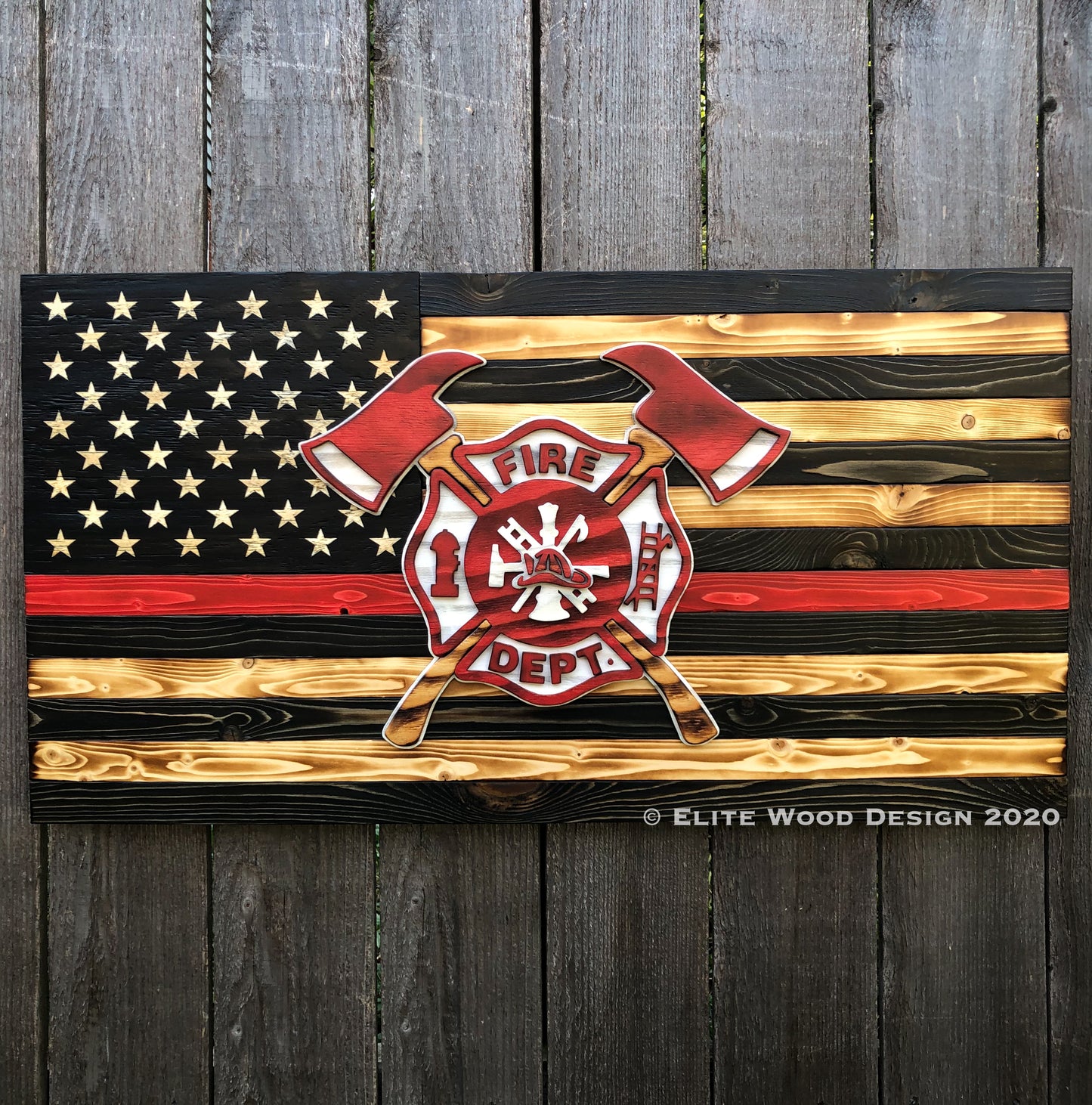 Thin Red Line Firefighter Wood Flag with Maltese and Crossing Axes