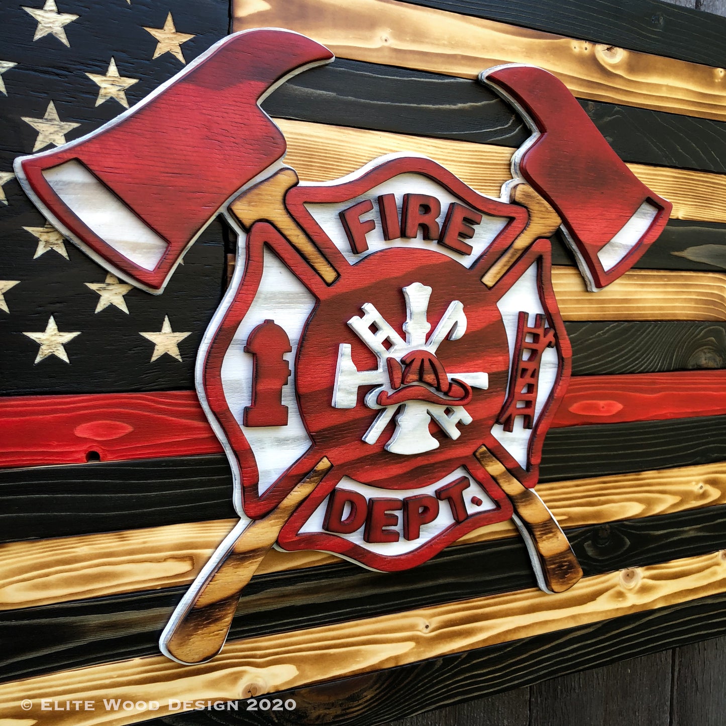 Thin Red Line Firefighter Wood Flag with Maltese and Crossing Axes